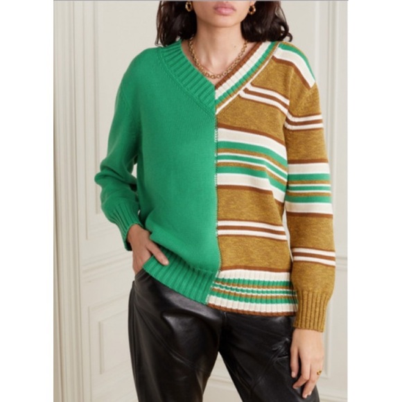 MM6 Maison Margiela Paneled Striped V-Neck Cotton Sweater (Sz M) Green Brown - Picture 1 of 15